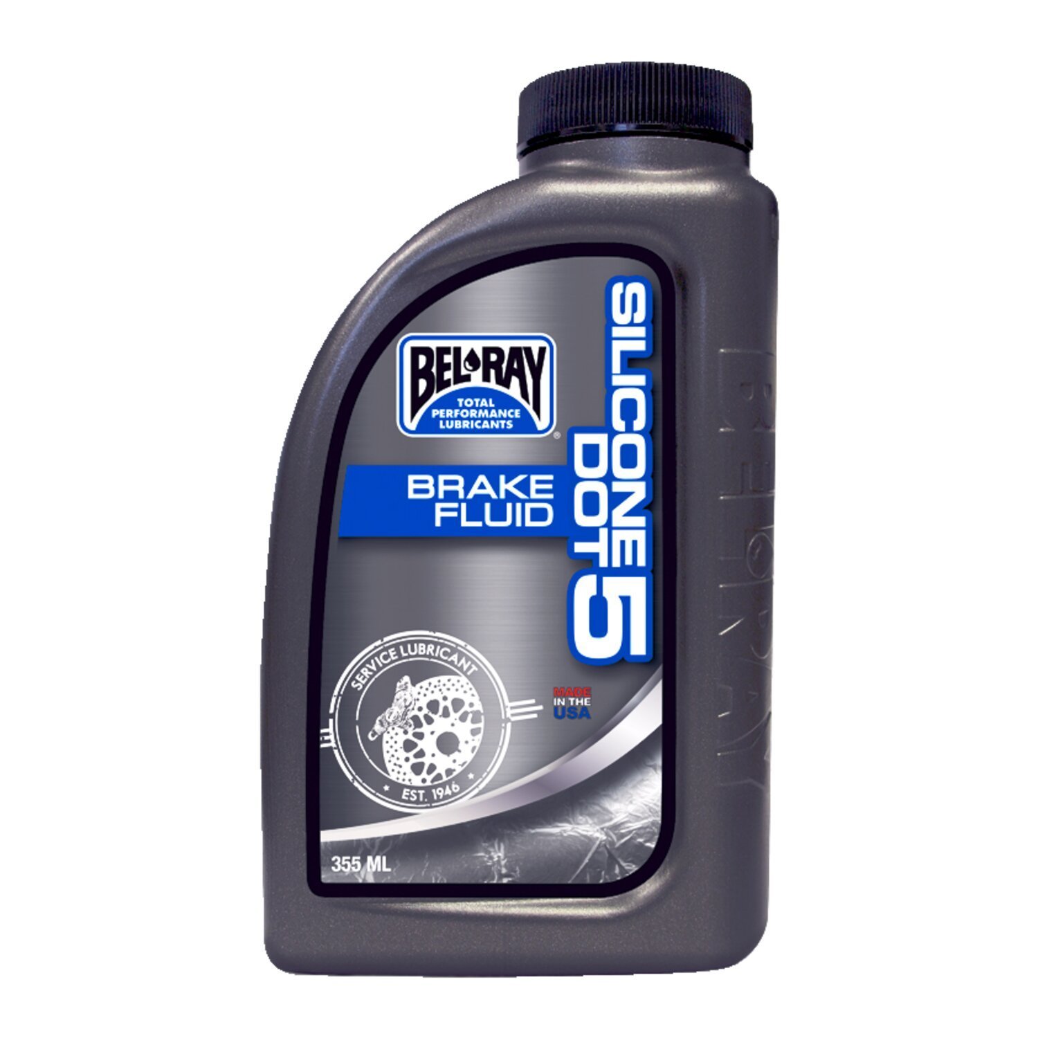 355cc can. DOT 5 does not absorb water and has a boiling point of 260C°. Safe for plastics and painted surfaces. Exceeds DOT 5 and FMVSS 116 specifications. Not compatible with anti-lock brakes due to quicker foaming of DOT5. 
Note: Do not mix with DOT 3 & 4 brake fluids. 
Note: Not compatible with ABS brakes or ASR (anti-slip) systems. 
Tech tip: Something about DOT 5 silicone. If you want to use DOT 5 may be easier to decide with some added knowledge about this type of brake fluid. DOT 5 silicone is non-aggressive for painted surfaces, plastics and has anti-corrosive characteristics, is non-hygroscopic and will therefore not absorb water. Great characteristics for vehicles that are not used much. However, when water accumulates in the brake system over time, and it is not absorbed by the brake fluid, in theory it could create pockets of water which could boil in extreme circumstances. This could result in vapor lock and total brake failure. Since DOT 5 silicone does not absorb water the accumulated water may not fully be removed from the brake system when the brake fluid is changed. DOT 5 silicone may never be mixed with DOT 3 or 4 brake fluids. It is also not compatible with ABS (Anti-lock Brake System) or ASR (Anti Slip Regulation) since it will foam easier. Note that The Factory has used DOT 5 up to around 2006, about the time when ABS was introduced...