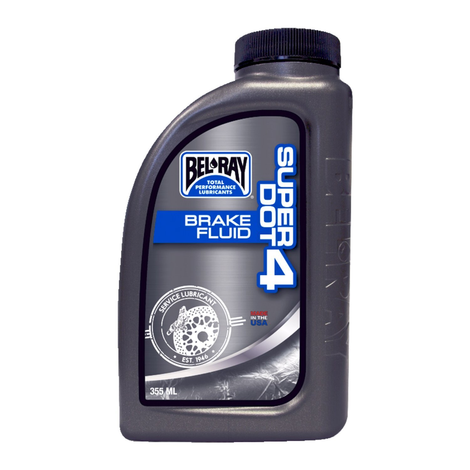 355cc can. Bel-Ray Super DOT 4 exceeds quality demands for DOT 3 & 4 brake fluids, and those of SAE J1703, FMVSS 116. Super DOT 4 can be mixed with DOT 3 fluids. 
Note: Do not mix with DOT 5 brake fluids.