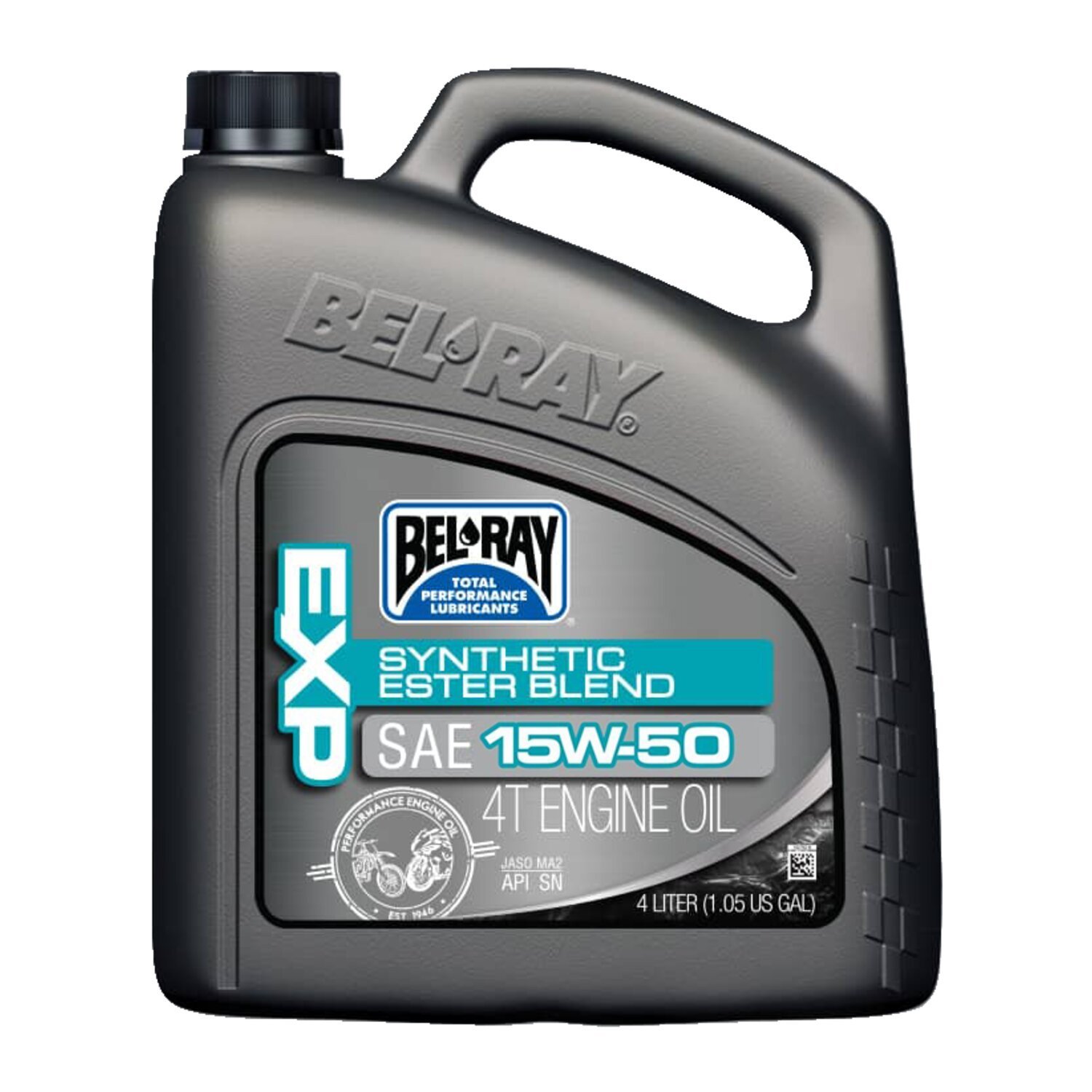 For wet clutches. Bel-Ray EXP semi-synthetic Ester Blend 4T Engine Oil is a 4-stroke motorcycle oil that combines the finest quality synthetic oils with select mineral base oils ensuring the highest level of protection for all 4-stroke motorcycles. Contains shear resistant VI improvers to resist viscosity breakdown. Meets the performance requirements of API SN and JASO MA2. Suitable for air-cooled/liquid-cooled 4-stroke engines and wet clutches.
- Synthetic Ester blended with select synthetic and petroleum components
- Provides exceptional component protection and increased horsepower
- Premium anti-wear properties
- Superior transmission and wet clutch performance