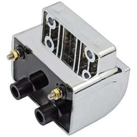 Late OEM style ignition coil. 12v, 4 ohm. Chrome